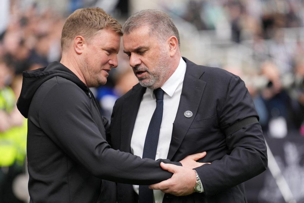 Eddie Howe and Ange Postecoglou chat before Newcastle United play Tottenham in the Premier League.