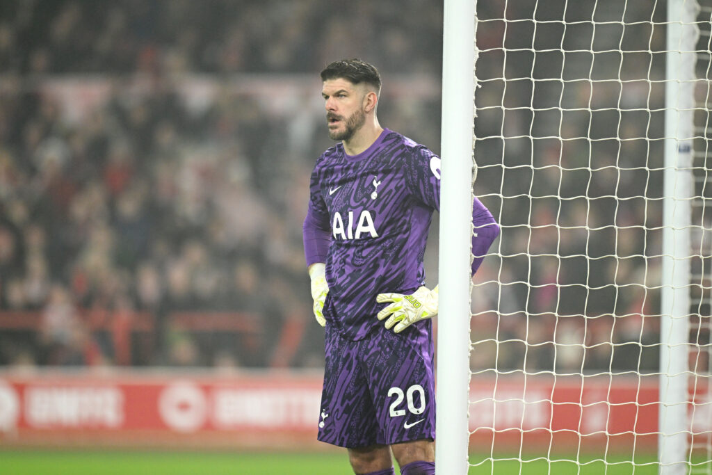 Fraser Forster in action for Tottenham Hotspur against Nottingham Forest.