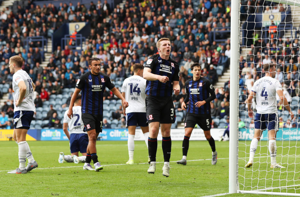 Matt Targett celebrates scoring for Middlesbrough against Preston North End.
