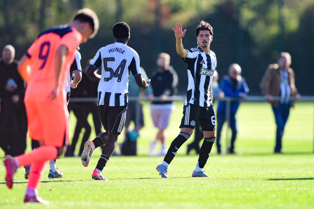 Leo Shahar celebrates scoring for Newcastle United against Barcelona in the UEFA Youth League.