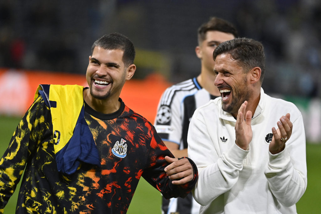 Bruno Guimaraes laughs alongside Jason Tindall following Newcastle United's win over Union Saint-Gilloise.