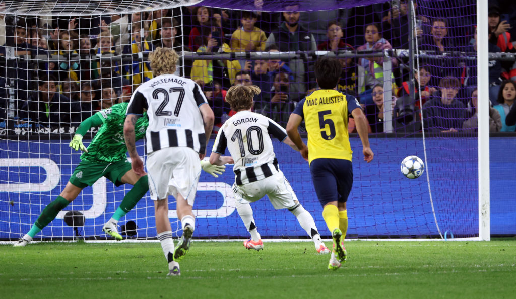 Anthony Gordon scores a penalty during Newcastle United's Champions League win over Union Saint-Gilloise.