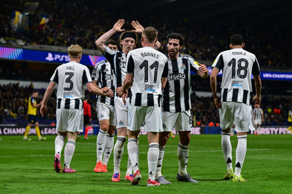 Newcastle United players celebrate with Harvey Barnes after his goal against Union Saint-Gilloise in the Champions League.