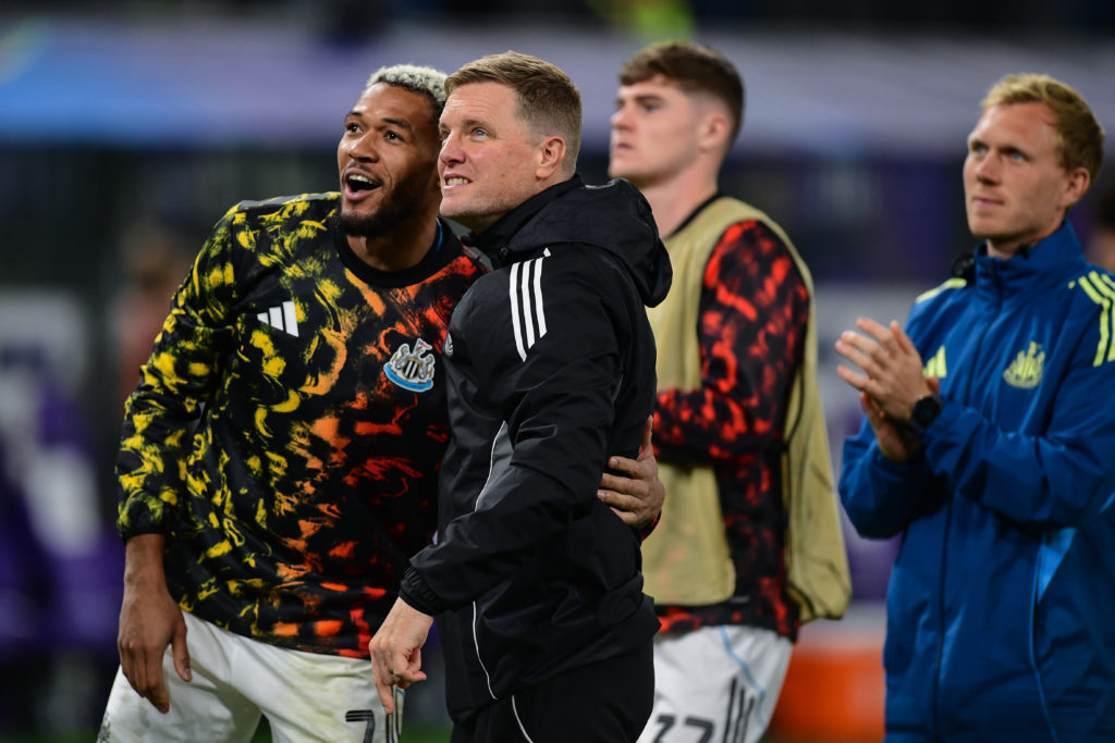 Eddie Howe and Joelinton celebrate together after Newcastle United's win over Union Saint-Gilloise in the Champions League.