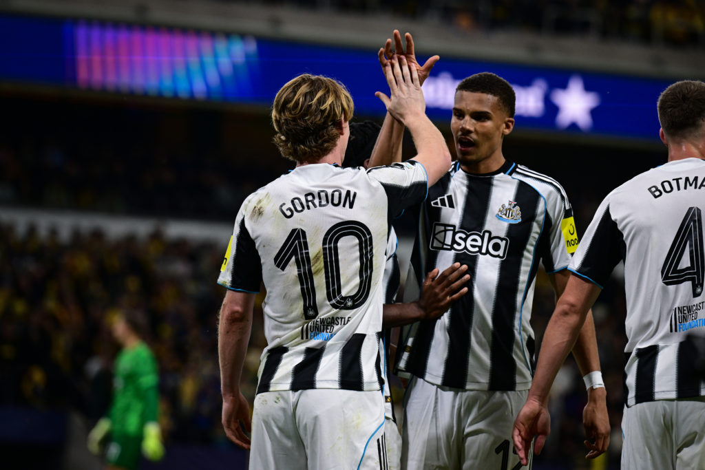 Anthony Gordon and Malick Thiaw celebrate during Newcastle United's Champions League win over Union Saint-Gilloise.