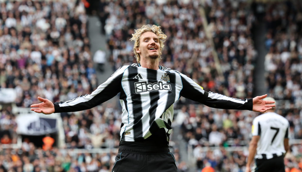 Nick Woltemade celebrates scoring for Newcastle United against Nottingham Forest.