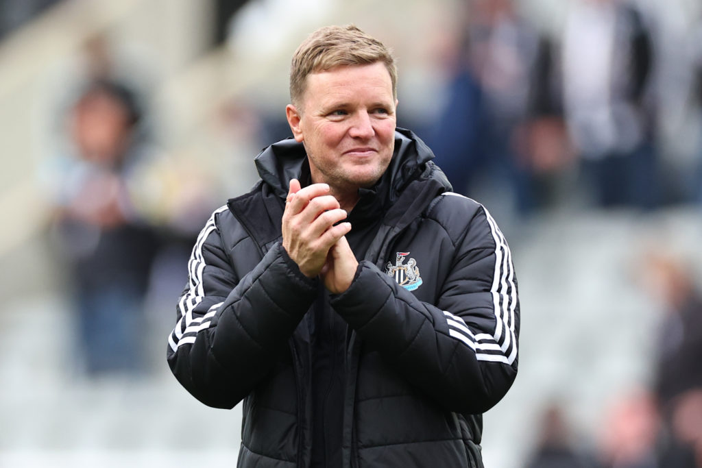 Eddie Howe applauds the Newcastle United fans after his team's Premier League win over Nottingham Forest.
