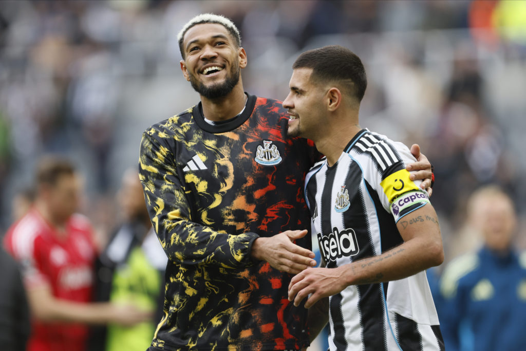 Joelinton and Bruno Guimaraes celebrate after Newcastle United beat Nottingham Forest in the Premier League.