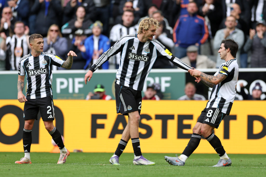Sandro Tonali pulls Nick Woltemade's arm after the latter's goal for Newcastle United against Nottingham Forest.