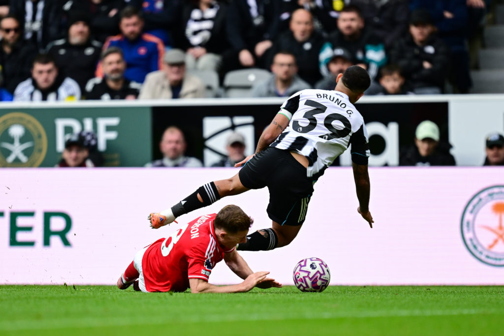 Elliot Anderson concedes a penalty for Nottingham Forest against Newcastle United.