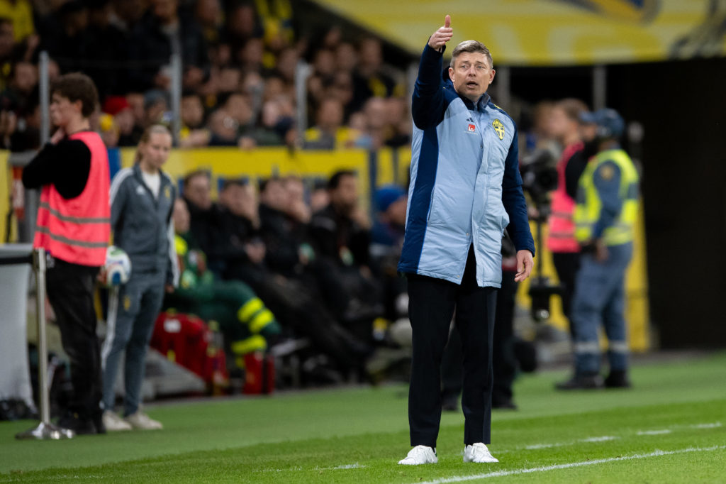 Jon Dahl Tomasson points on the sidelines.