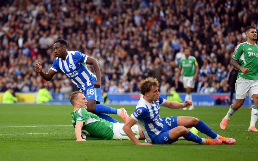 Danny Welbeck celebrates after scoring for Brighton against Newcastle United.