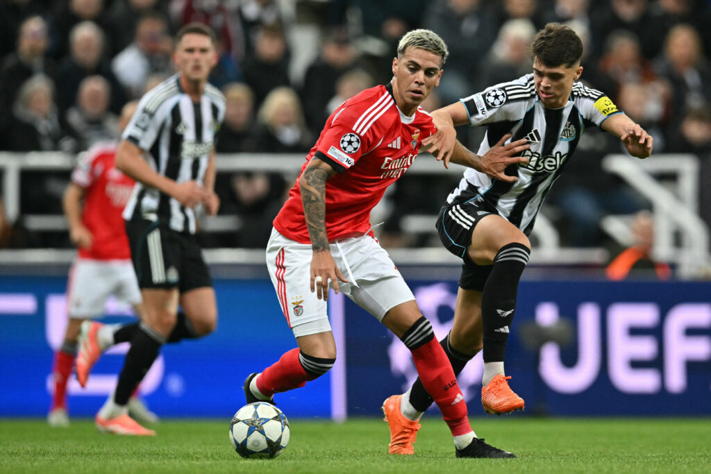 Lewis Miley playing for Newcastle United against Benfica in the Champions League.