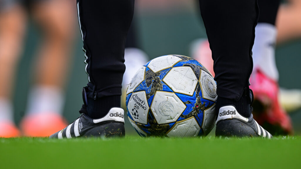 A Champions League ball on the grass during a Newcastle United training session.