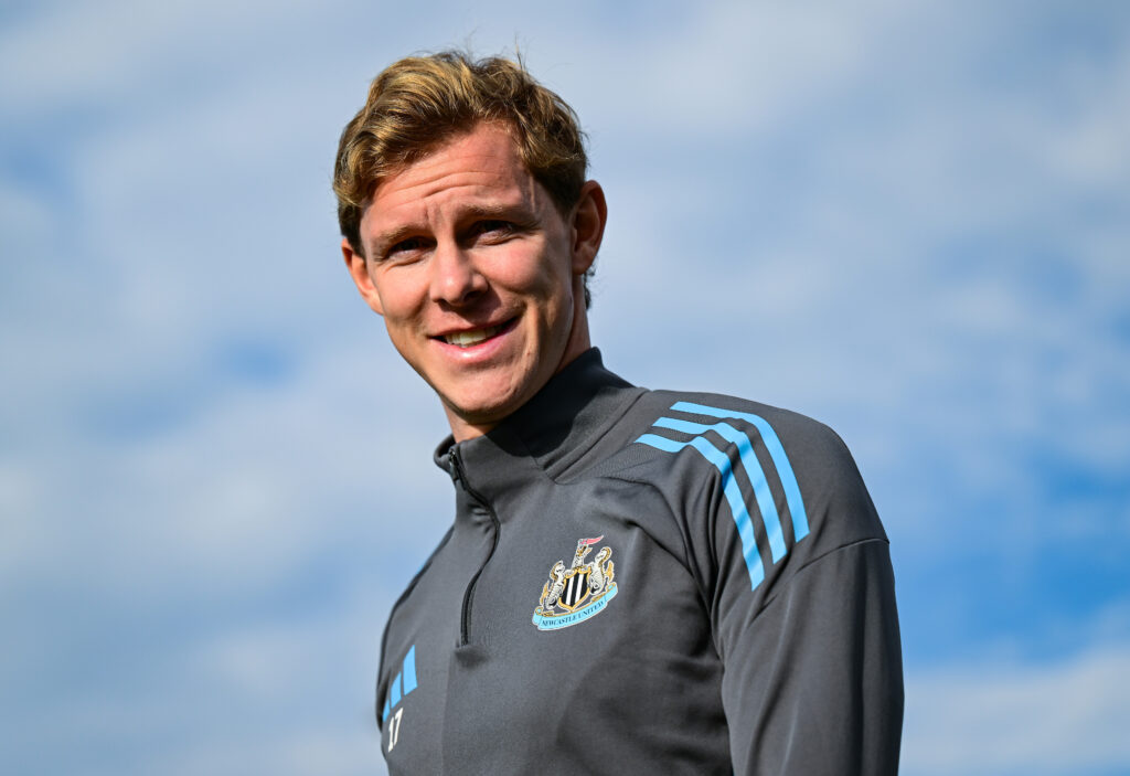 Emil Krafth looks at the camera during a Newcastle United training session.