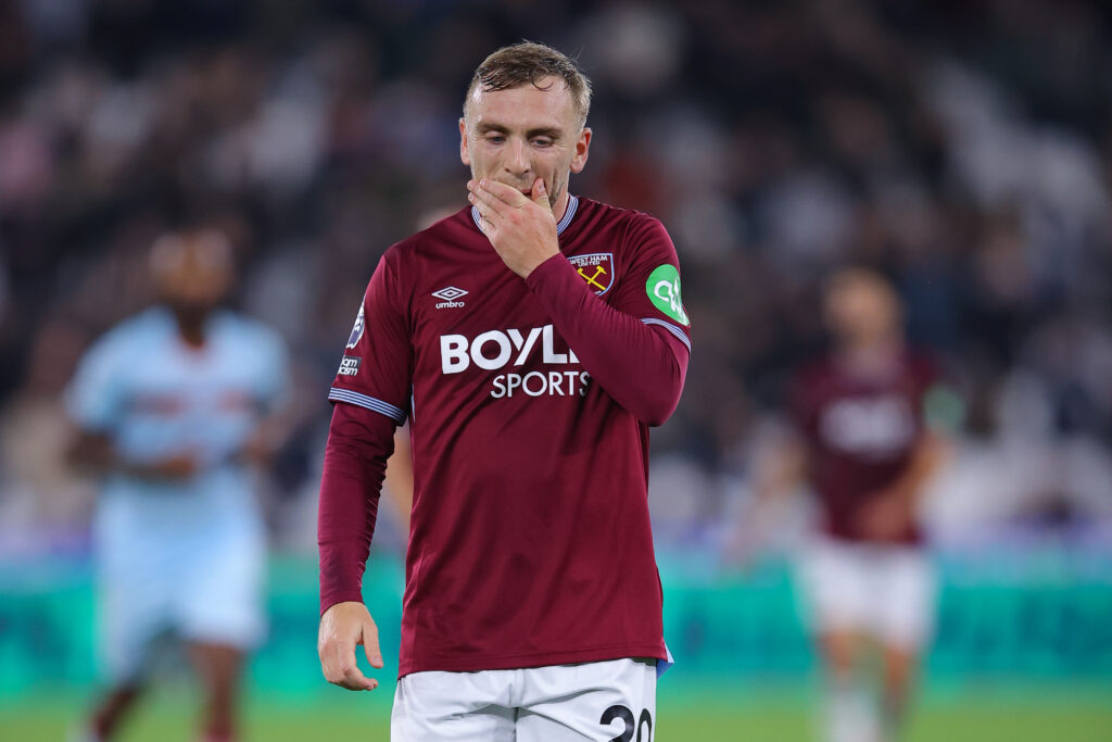 Jarrod Bowen puts his hand to his mouth in disappointment.