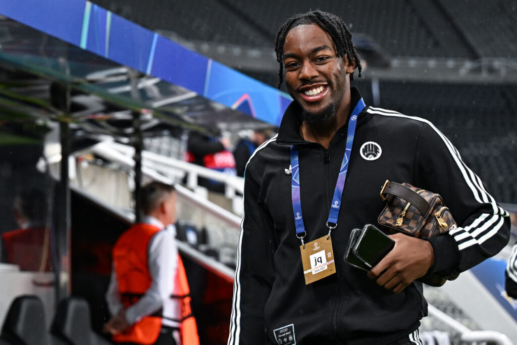 Anthony Elanga smiles as he arrives at St James' Park for the Champions League game between Newcastle United and Benfica.
