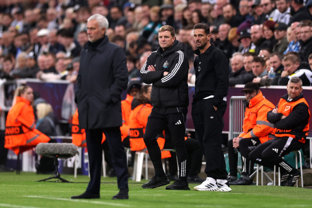 Eddie Howe and Jason Tindall watch on from the touchline during Newcastle United vs Benfica.