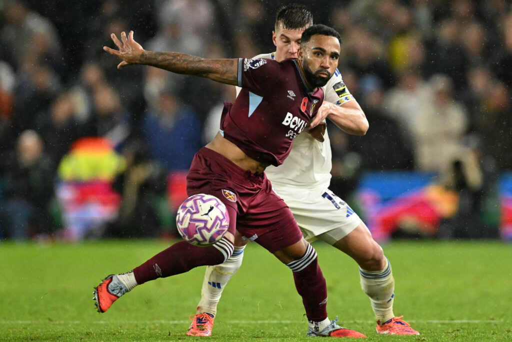 West Ham United striker Callum Wilson in action against Leeds United.
