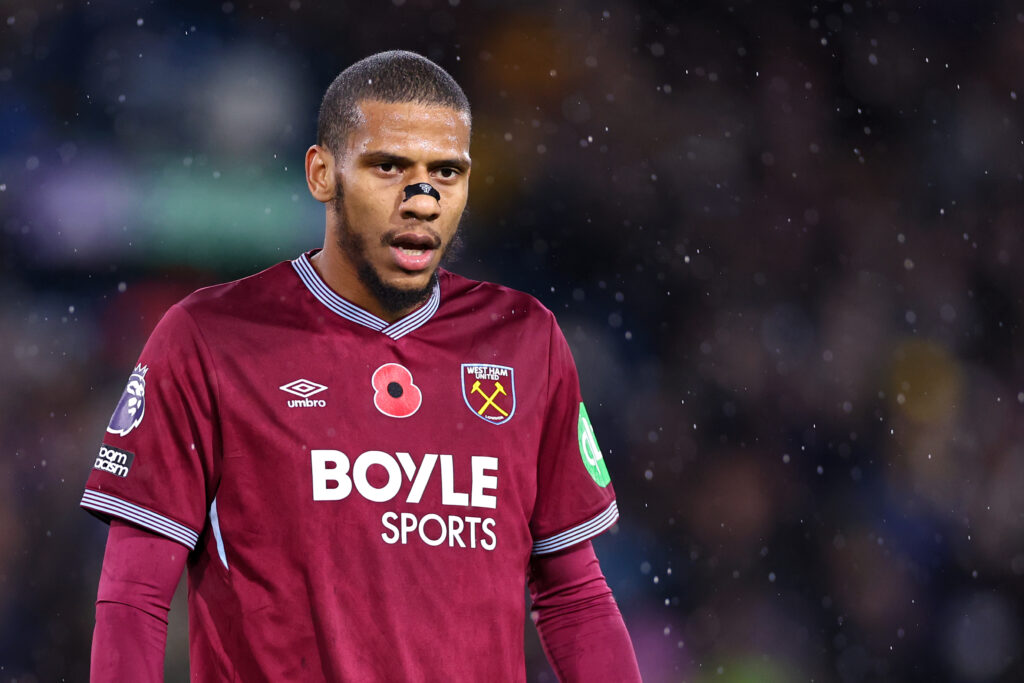 West Ham United defender Jean-Clair Todibo in action against Leeds United