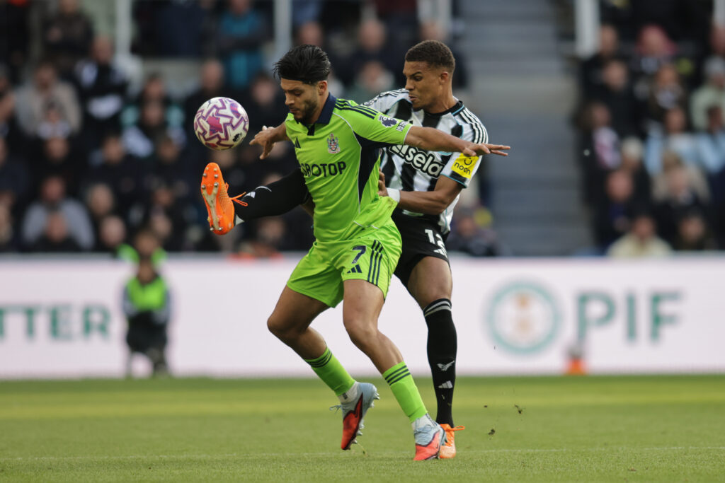 Malick Thiaw playing for Newcastle United against Fulham in the Premier League.