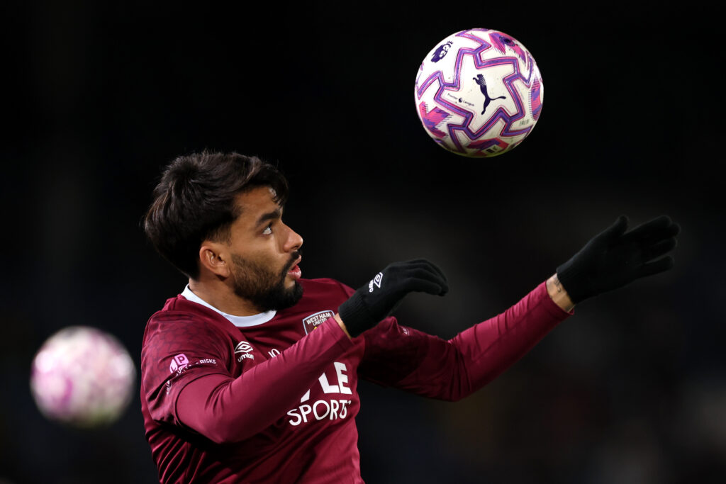 Lucas Paqueta watches the ball during West Ham United's Premier League loss against Leeds United.