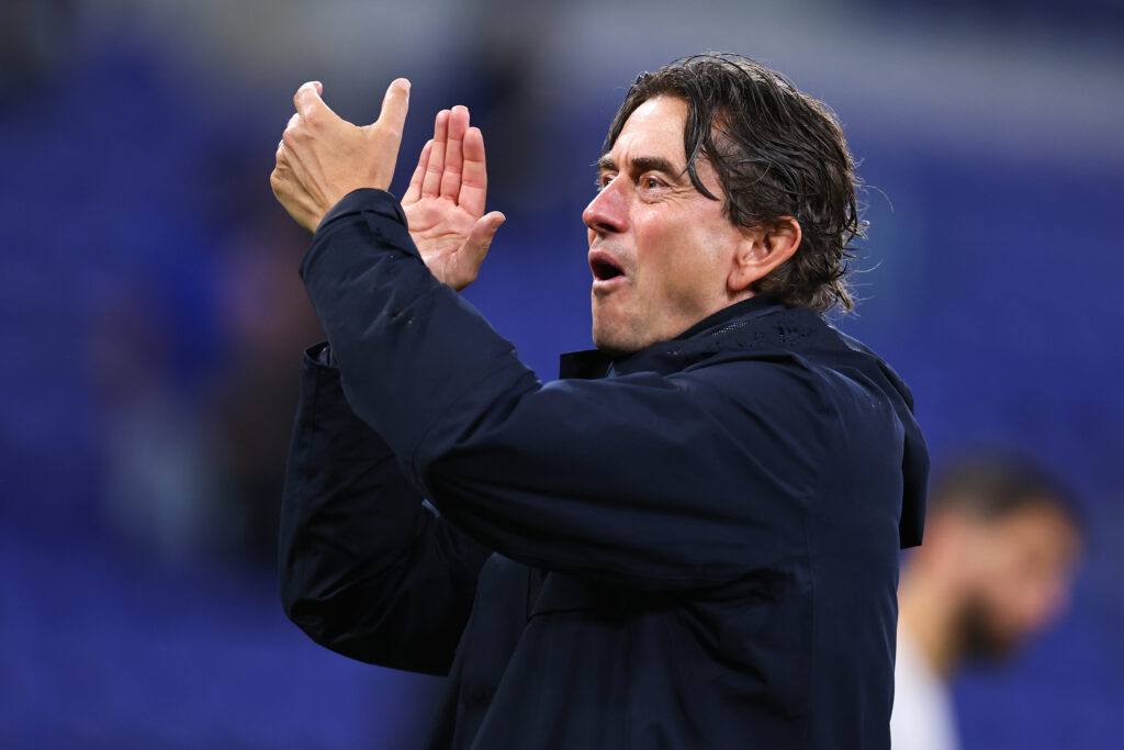 Thomas Frank applauds the Tottenham Hotspur fans after beating Everton in the Premier League.