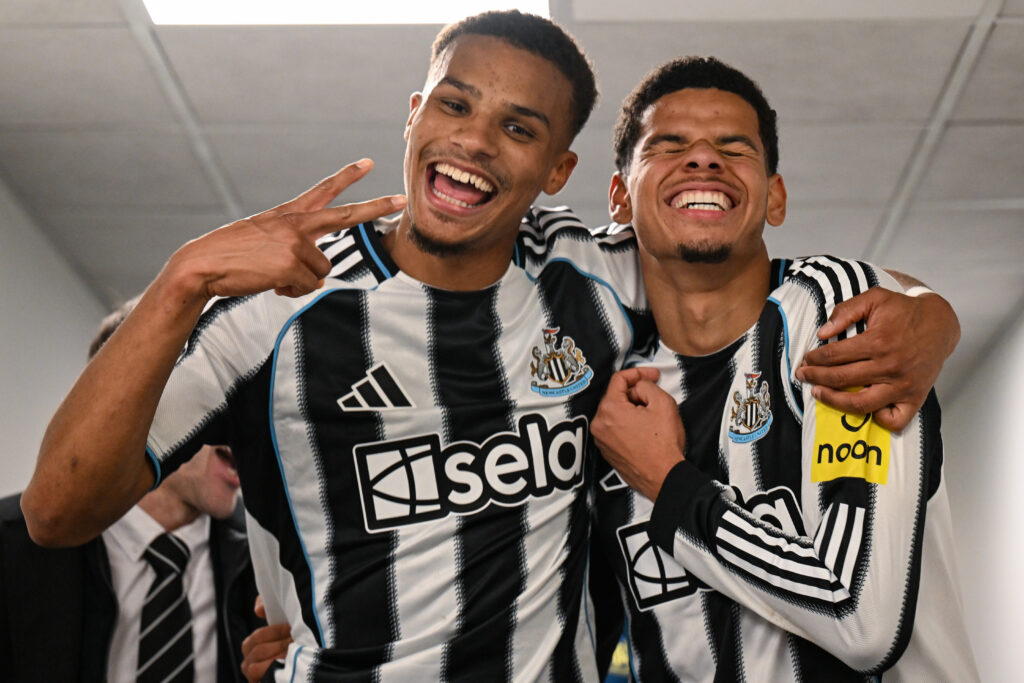 Malick Thiaw and Will Osula celebrate after Newcastle United's win over Fulham in the Premier League.