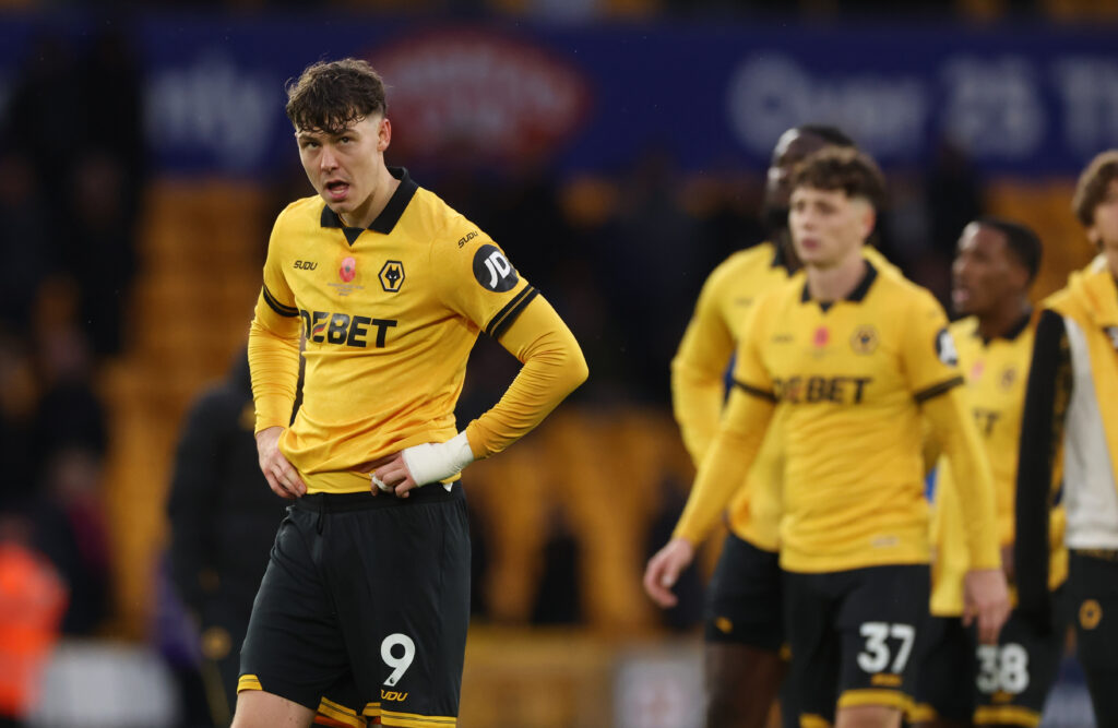 Jorgen Strand Larsen looks dejected after Wolves' Premier League defeat to Burnley.