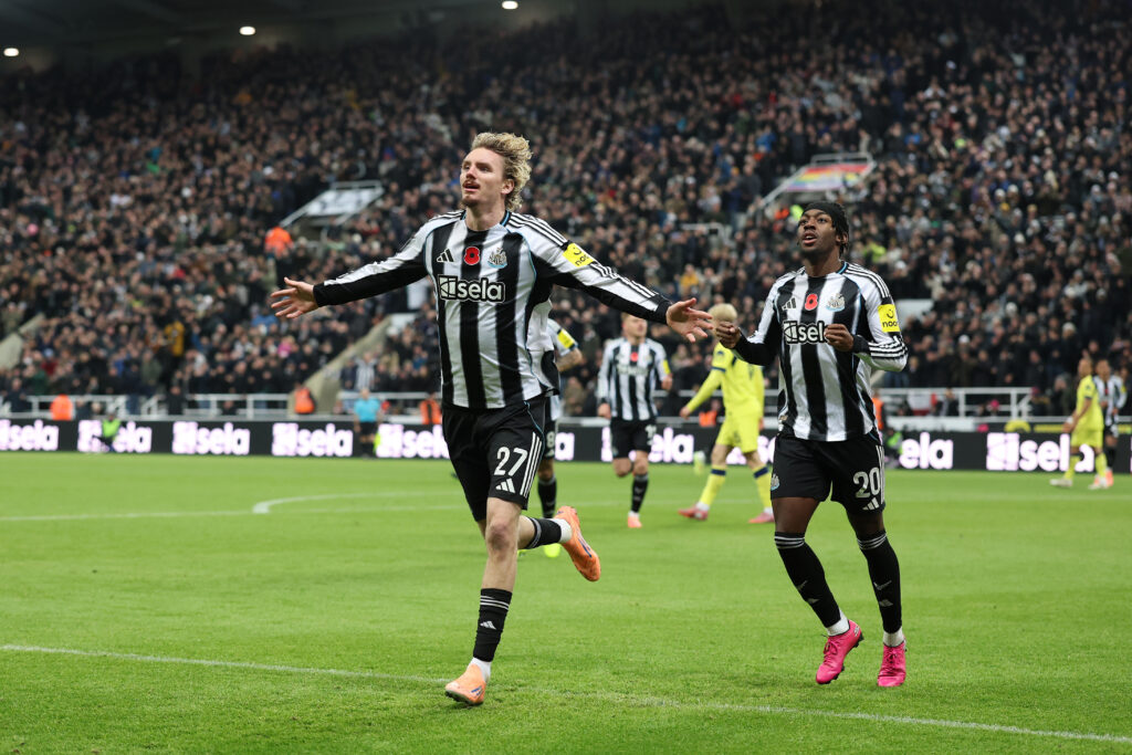 Nick Woltemade celebrates scoring for Newcastle United against Spurs.