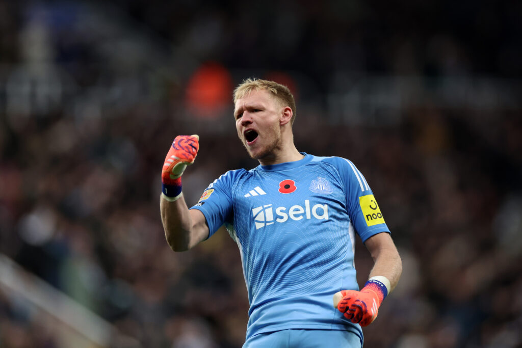 Aaron Ramsdale celebrates Newcastle United scoring against Tottenham Hotspur in the Premier League.