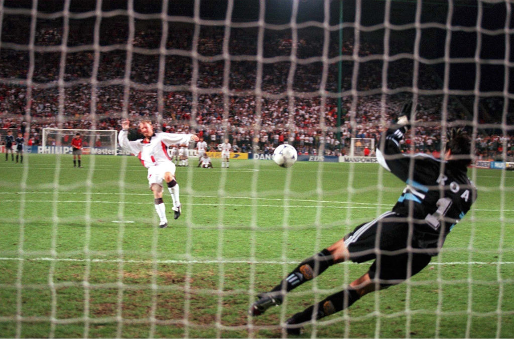 David Batty's penalty for England is saved by the Argentina goalkeeper.