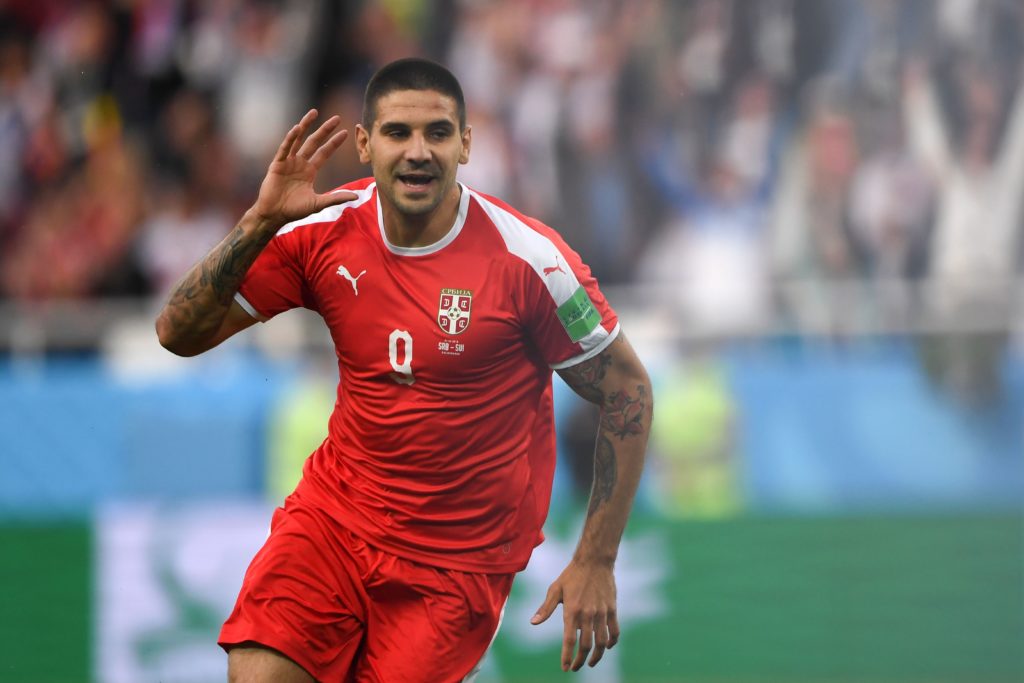 Aleksandar Mitrovic celebrates scoring for Serbia vs Switzerland.