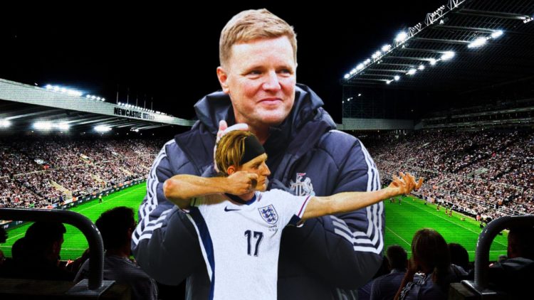 Collage of Eddie Howe and Anthony Gordon in front of the St. James' Park pitch.
