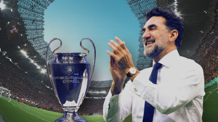 Collage of Yasir Al Rumayyan and Champions League trophy in front of the Puskas Arena.