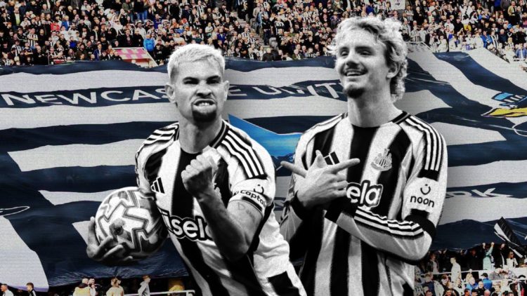 Collage of Bruno Guimaraes and Nick Woltemade in front of Newcastle fans flag.
