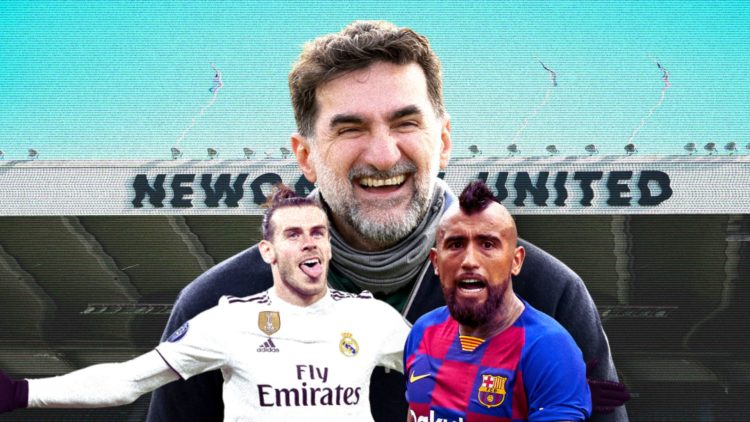 Collage of Yasir Al Rumayyan, Gareth Bale and Arturo Vidal in front of St. James' Park.