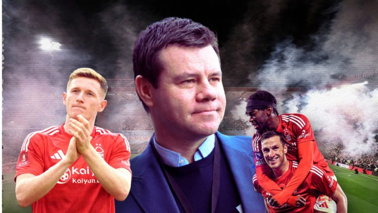 Collage of Ross Wilson, Elliot Anderson, Anthony Elanga and Chris Wood in front of the City Ground.