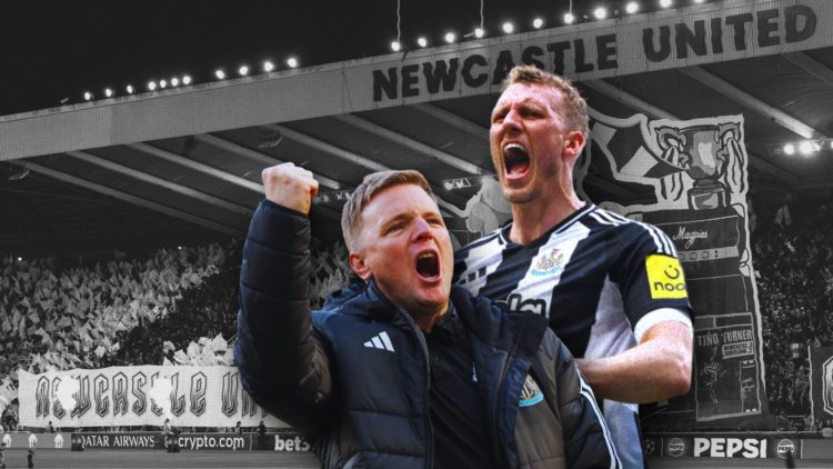 Custom image of Eddie Howe and Dan Burn celebrating in front of a black and white image of St. James' Park.