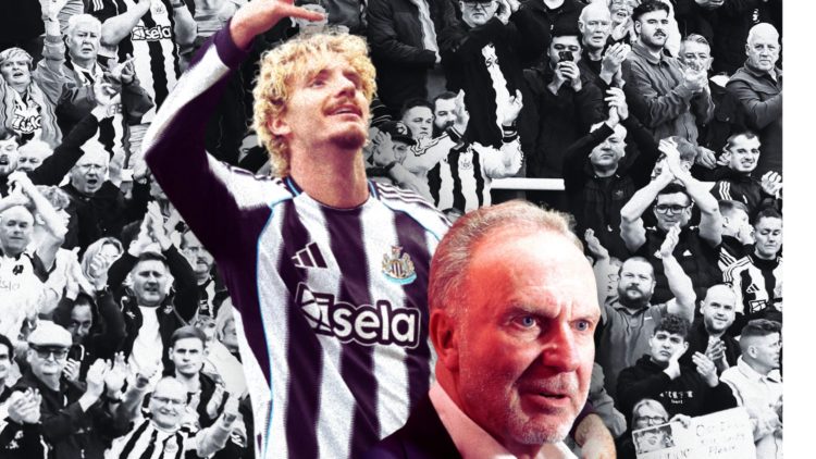 Nick Woltemade and Karl-Heinz Rummenigge in front of a black and white image of Newcastle fans.