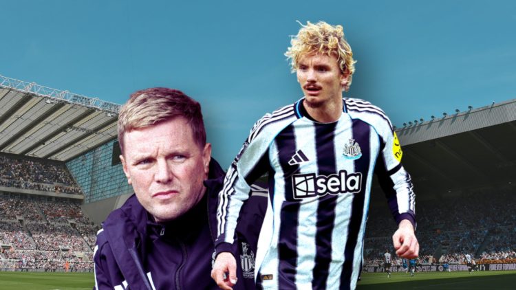 Collage image of Eddie Howe and Nick Woltemade playing for Newcastle United. St. James' Park in the back ground.