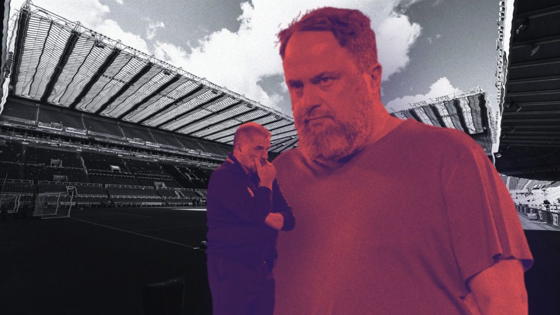 Collage of Evangelos Marinakis and Ange Posteclou with St. James' Park in the background.