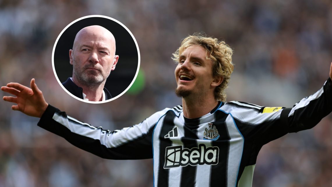 Newcastle United forward Nick Woltemade celebrates against Nottingham Forest. Inset, pundit Alan Shearer.
