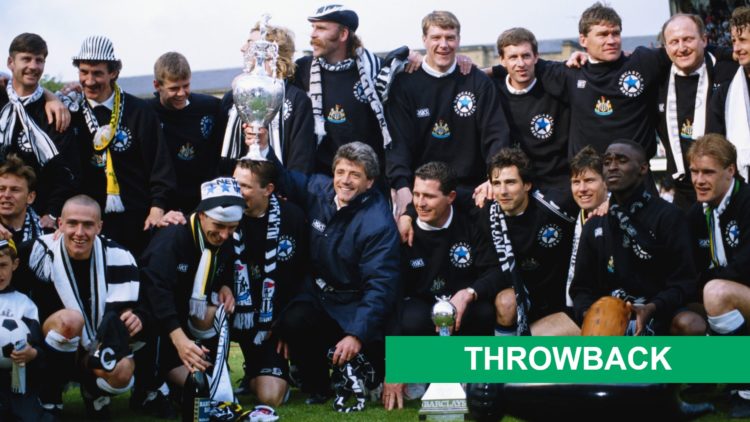 Newcastle United players including Andy Cole celebrate winning promotion from Division One in 1993.