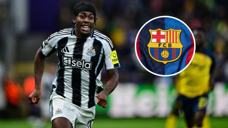 Anthony Elanga in action for Newcastle United against Union Saint-Gilloise. Inset, the Barcelona badge