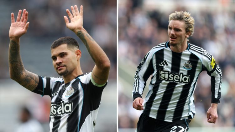 A split image of Newcastle United midfielder Bruno Guimaraes (L) and Newcastle United striker Nick Woltemade (R)