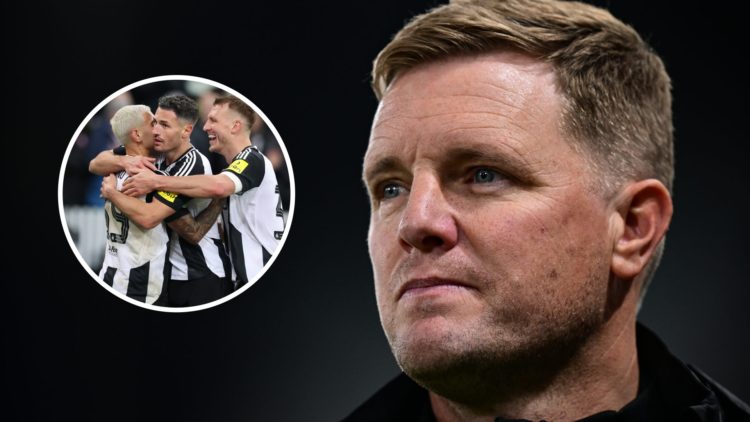 Newcastle United manager Eddie Howe looks on, Bruno Guimaraes, Fabian Schar and Dan Burn celebrate together.