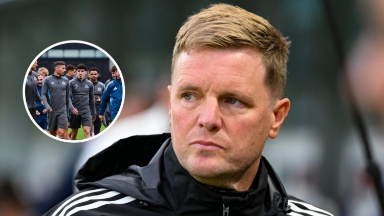 Eddie Howe looks on during Union Saint-Gilloise vs Newcastle United, Tino Livramento in Newcastle United training.