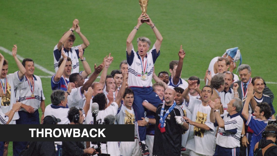 France celebrate winning the World Cup in 1998. Inset, a black banner with 'throwback' in white text.