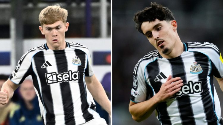 Lewis Hall playing for Newcastle United. Tino Livramento playing for Newcastle United.